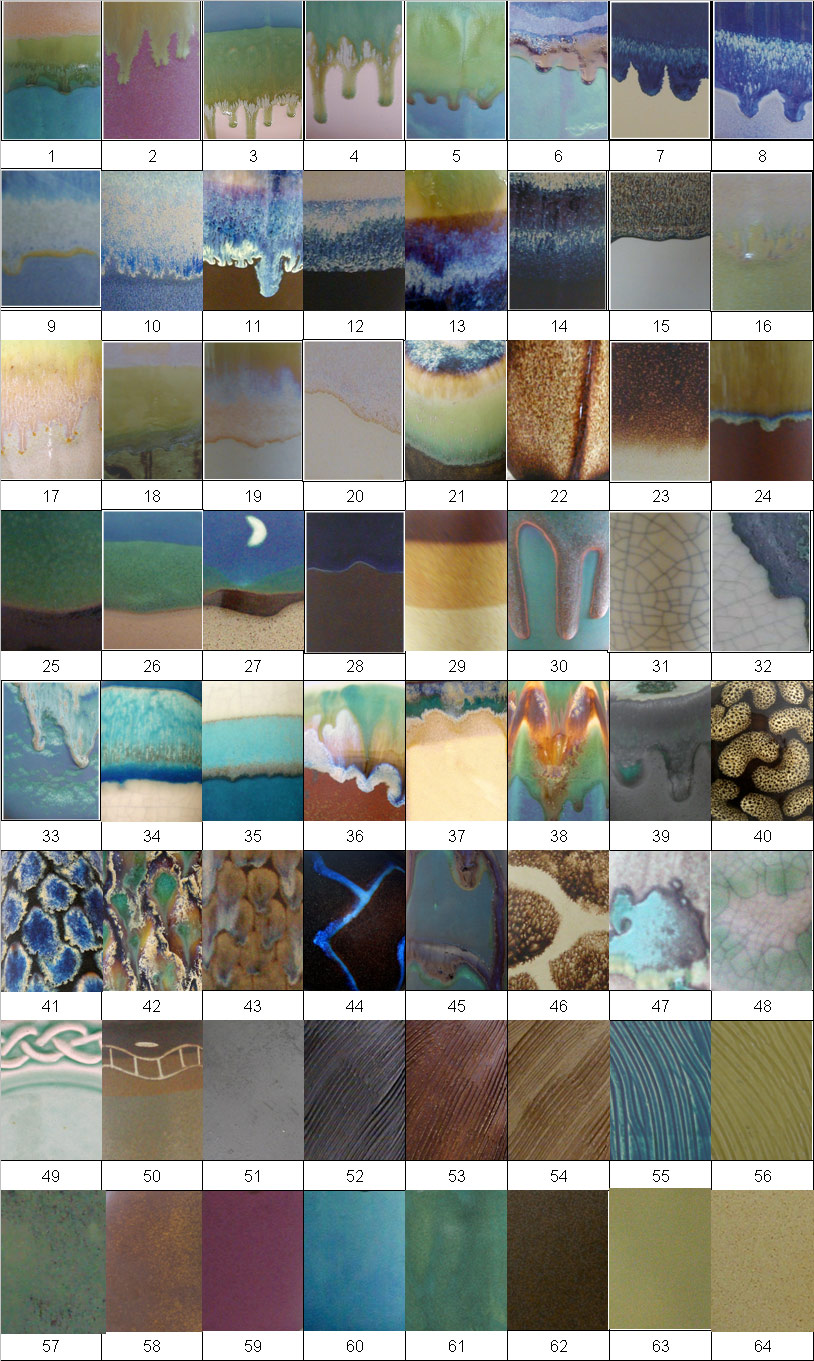 colecttion of 64 glaze combinations or colors for stoneware, coleccion de 64 combinaciones de esmaltes o colores para ceramica de alta temperatura stoneware (gress)