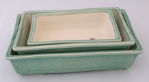 three bonsai pots set in celadon glaze, juego de tres macetas para bonsai en color celadon