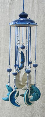 blue moon & white moon wind chime in stoneware, movil ceramico de lunas azules y blancas en gress